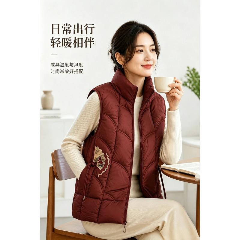 Women S Thin Cotton Vest High Stand Collar Quilted Ginkgo Embroidery Home Commute