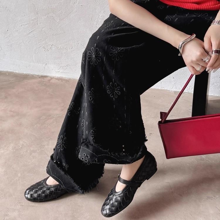 Sheepskin~ French Retro Woven Word with Mary Jane Shoes Women's Leather Shallow Mouth Flat Sole Shoes Versatile Ballet Shoes