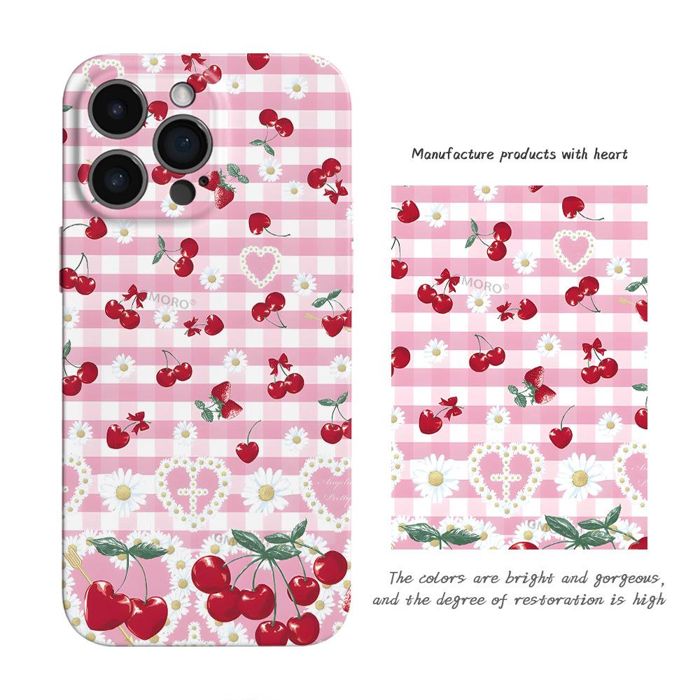 Korean Ins Sweet Girl Wind Pink Grid Cherry Mobile Phone Case Apple 17Pro Anti-drop All-inclusive Film Case iPhone14pm
