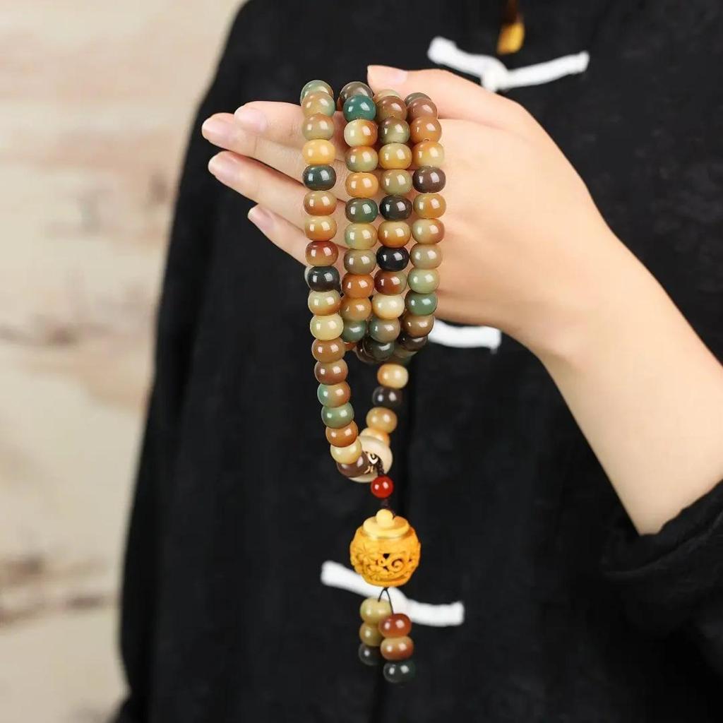 Large Charcoal Dunhuang Ask Heaven 108-Bead Bodhi Root Men's Bracelet for Cultural Play and Prayer.