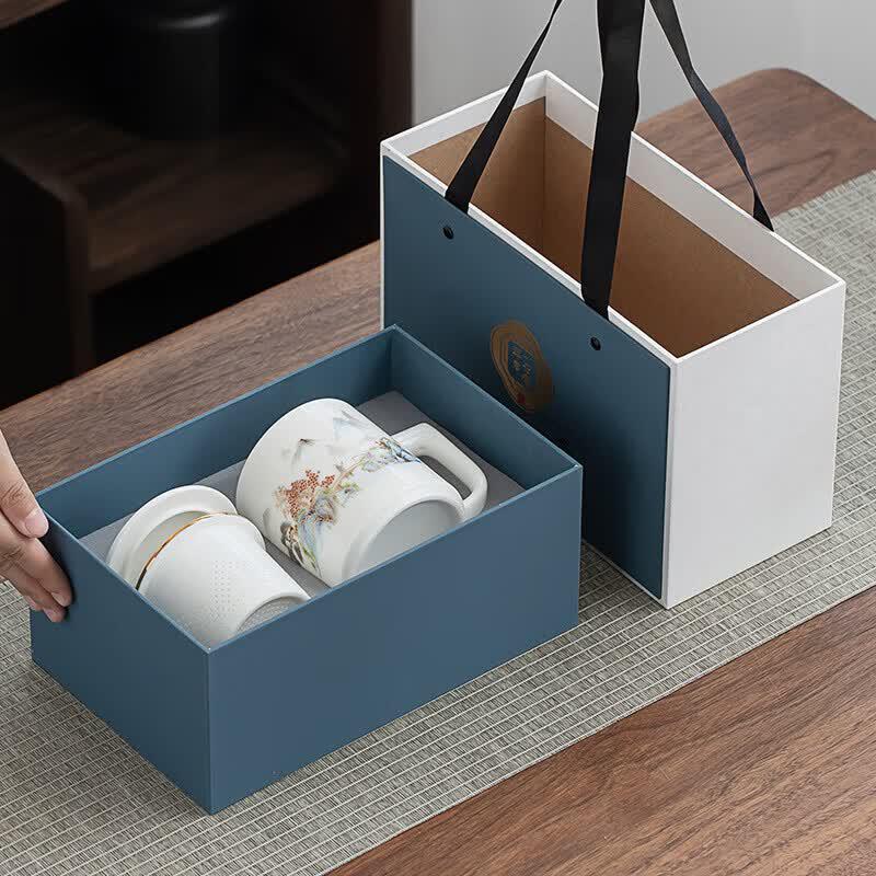Gold-Inlaid Jade Ceramic Tea Mug 3-Piece Set
