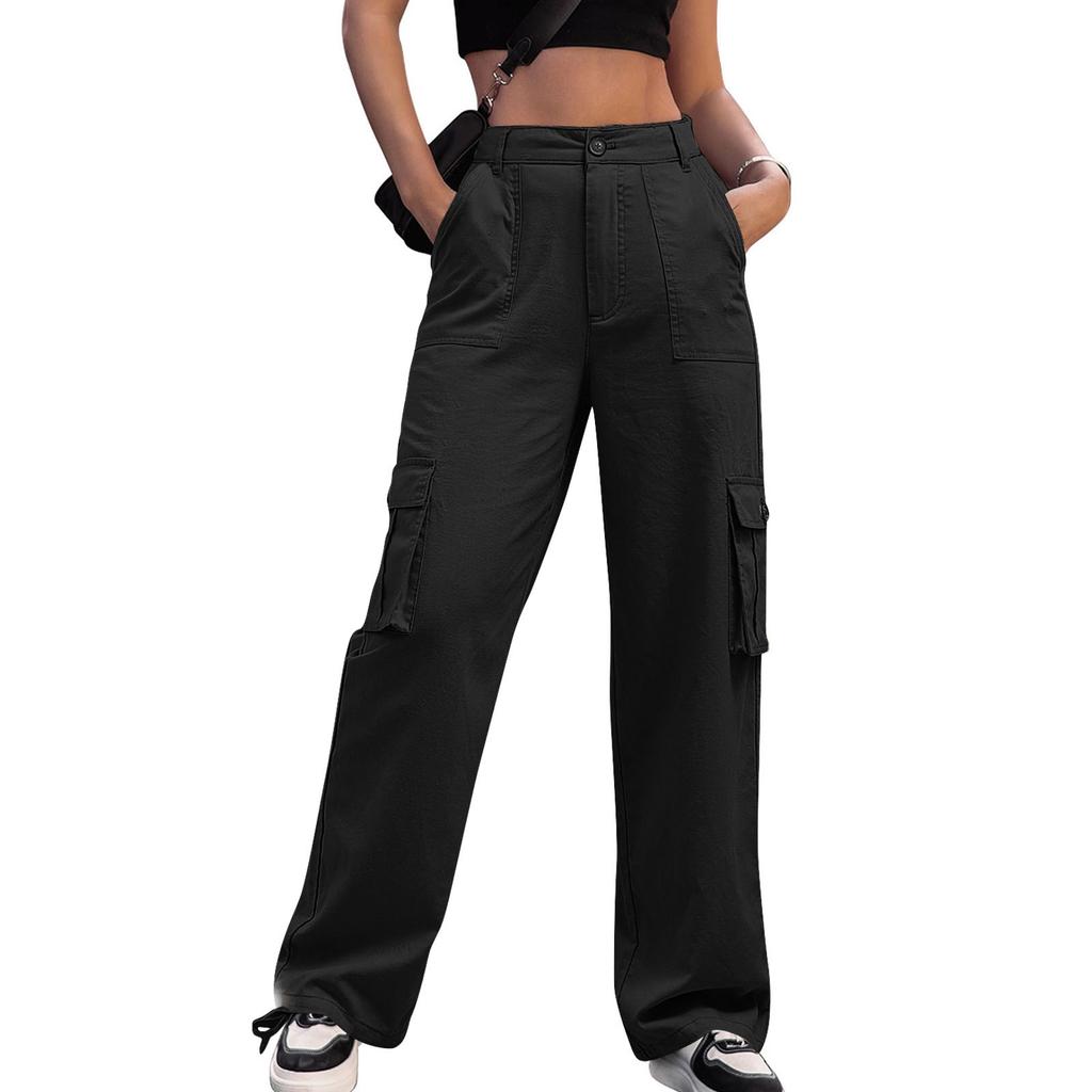 Fashionable Women's Multi-pocket Workwear Straight Trousers High Waist Slimming Loose Wide Leg Work Trousers