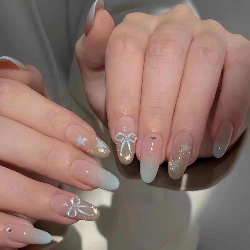 26 New Spring/Summer Ice Translucent Nude Gradient Sea Salt Star Nails with 3D Bow