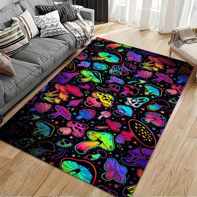 Colorful Neon Mushroom Pattern Rug - Non-slip rug suitable for living room and bedroom sofas.