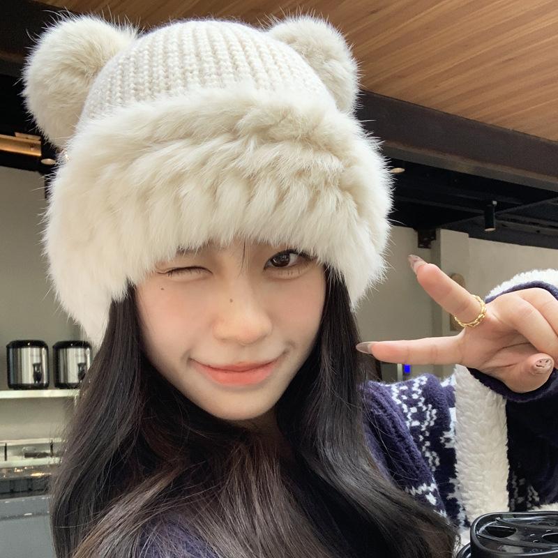 Automne et hiver mignon ours oreilles chapeau en laine femme peluche chaud moelleux automne et hiver grand tour de tête chapeau tricoté