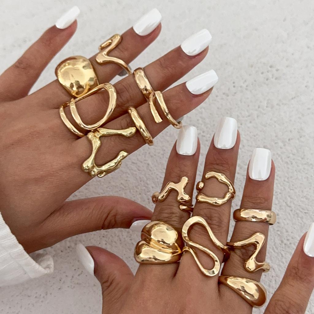 Vintage Gold Color Geometric Rings Trendy Finger Jewelry Hollow Out Adjustable Ring Set for Women Men Retro Boho Fashion Party Gift