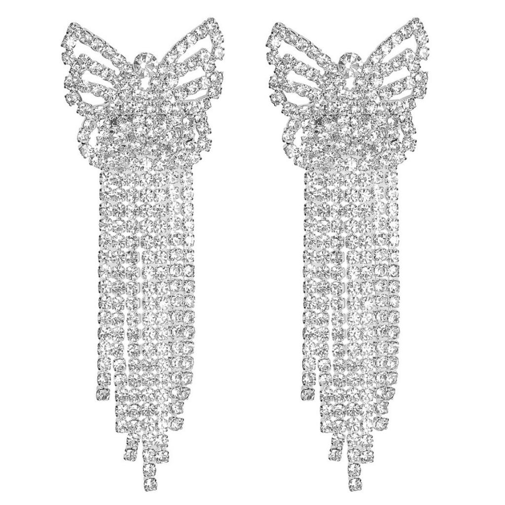 Luxuriöse glitzernde Strass Ohrringe mit langen Fransen und Schleife