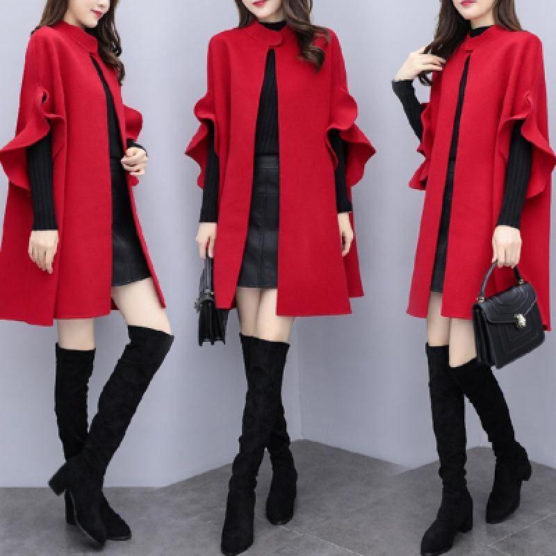 Women's Plus Size Red Wool A-Line Cloak Coat - Mid-Length, Perfect for Spring, Autumn, & Winter.