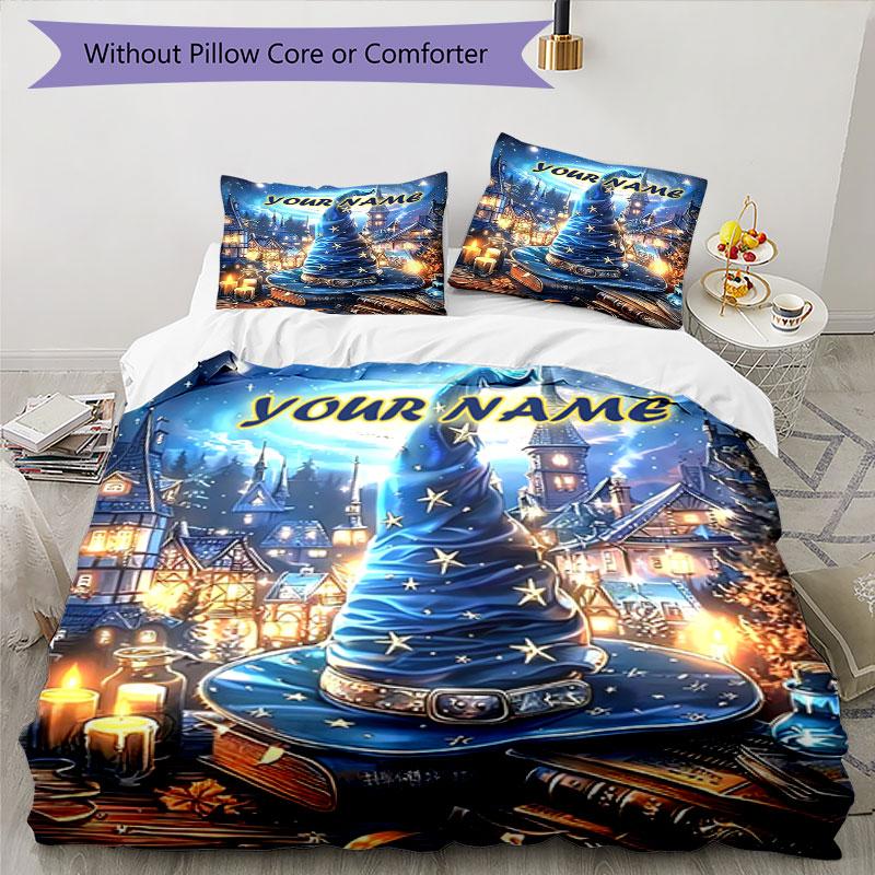 3pcs Custom Name Magical Hat Night Bedding Set Printed Bedding Set Duvet Cover Closure Includes 1 Duvet Cover & 2 Pillowcases Bedroom Decor