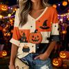 Women's V-Neck Three-Quarter Sleeve Halloween Print Color Block Top for Casual Holiday Wear