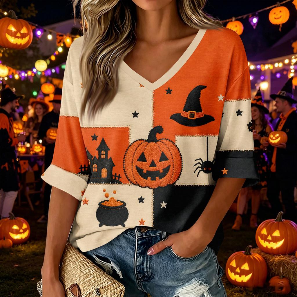 Women's V-Neck Three-Quarter Sleeve Halloween Print Color Block Top for Casual Holiday Wear