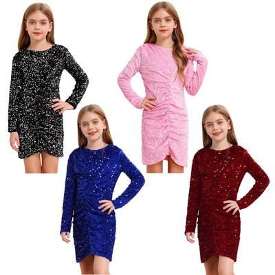 Vestido de Fiesta con Lentejuelas Brillantes para Niñas Cuello Redondo Manga Larga Ruched Frontal Vestido de Terciopelo Bodycon para Cumpleaños Fiestas de Graduación