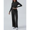 Women Long Sleeve Top Solid Drawstring Wide Leg Casual Pants Two Piece Set