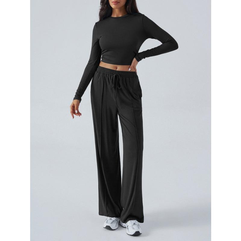 Women Long Sleeve Top Solid Drawstring Wide Leg Casual Pants Two Piece Set