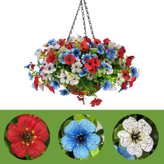 Artificial Hanging Flower with Basket for Outdoors, 4th of July Patriotic Faux Violet Flowers, UV Resistant Fake Plants for Outside Porch, Yard, Patio