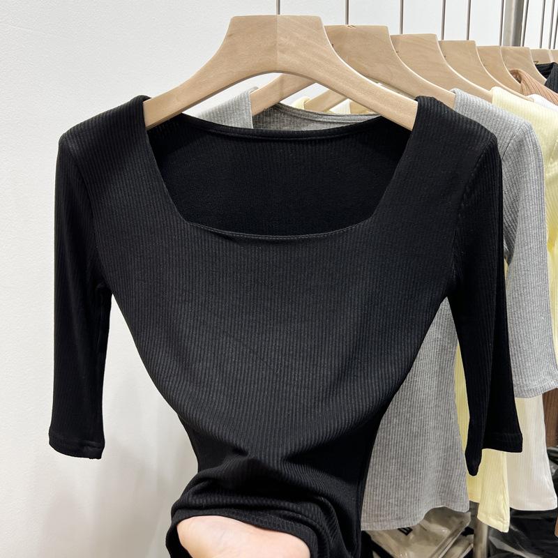 Black Square Collar Five-point Sleeve T-shirt for Women's Spring New Style for Korean Half-sleeved Top