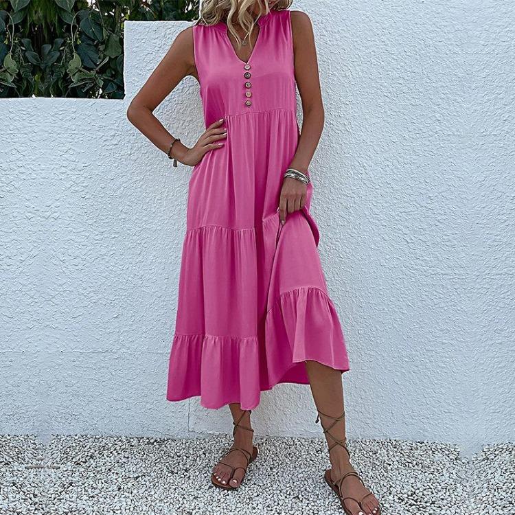 Robe d'été pour femme, coupe trapèze, longueur genou, sans manches, couleur unie, col en V