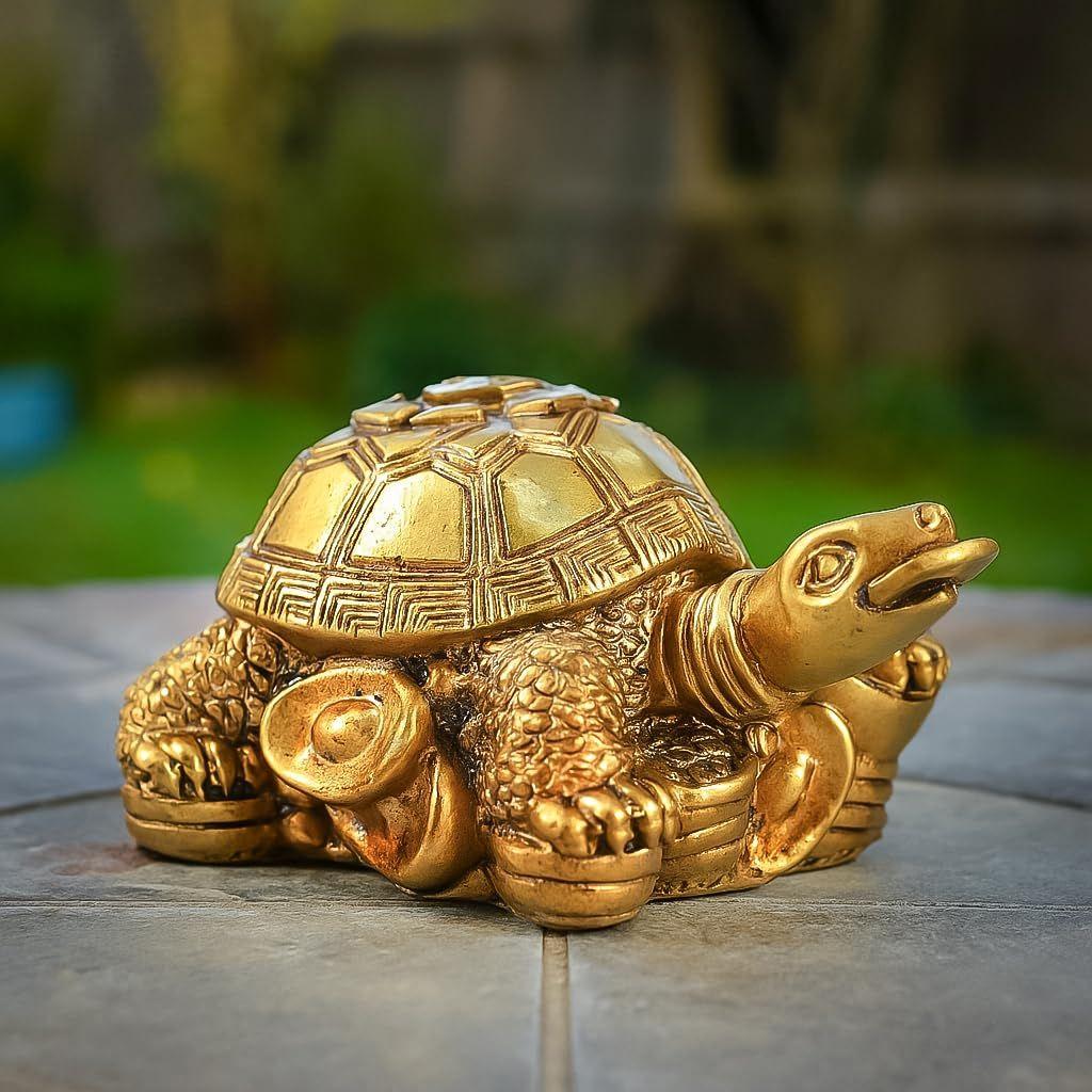 HindCraft Vastu Item | Feng Shui Golden Turtle with Coins | Good Luck Symbol