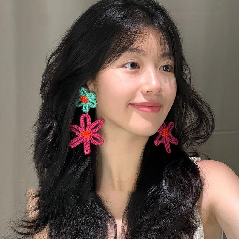 Woven Wool Wound Flower Stud Earrings Exaggerated Personality Earrings Versatile Temperament Earrings
