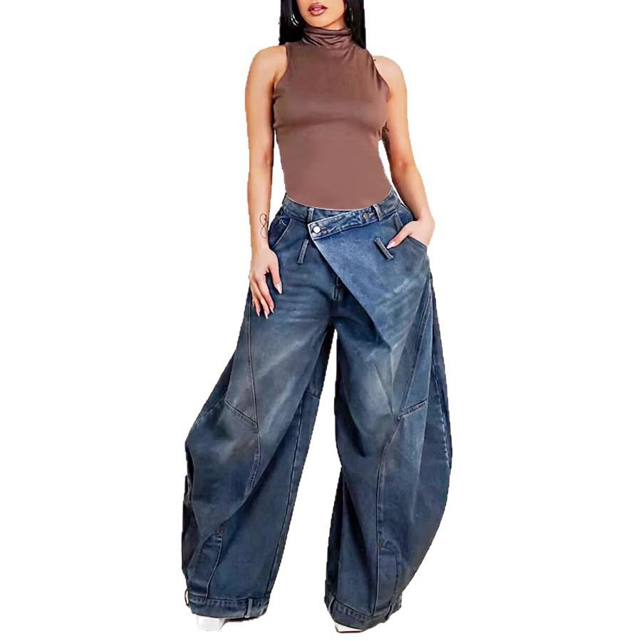 European and American New Retro Old Washed Reverse Waist Women's Jeans Wholesale