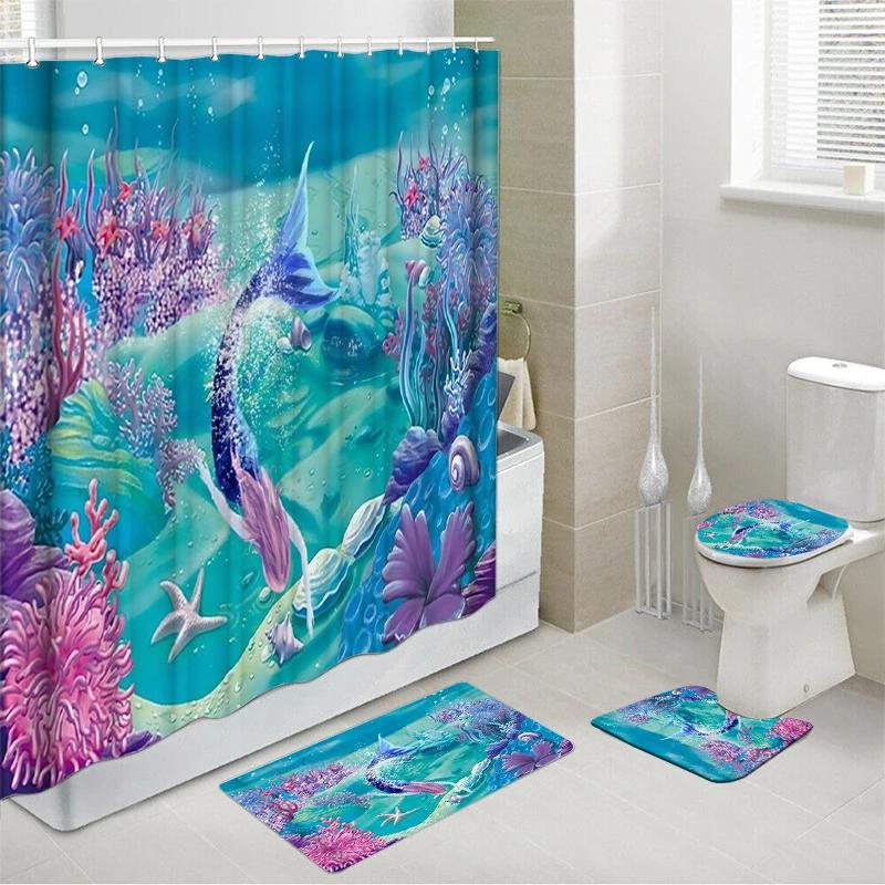 Mermaid Shower Curtain Set With Non-Slip Rugs Toilet Lid Cover Bath Mat Kids Ocean Coral Starfish Bathroom Shower Curtains Set