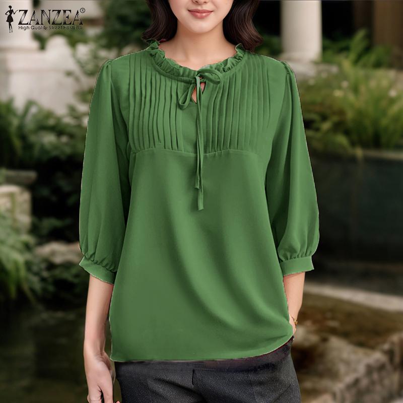 ZANZEA Dámská ležérní halenka s kulatým výstřihem, volným 3/4 rukávem a jednobarevným provedením