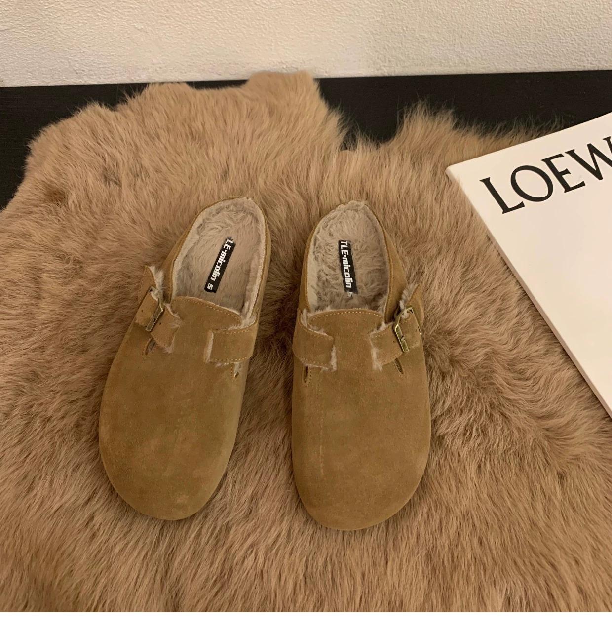 

Thick-soled one-pedal plush cotton slippers women wear winter baotou home half-drag slippers in 2024 40 хакі