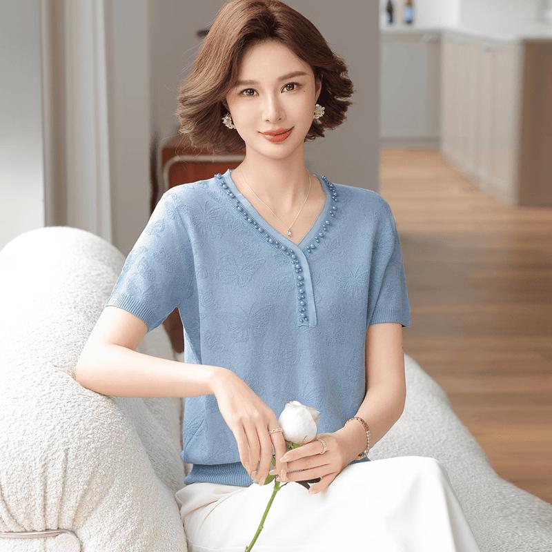 Elegant Pearl V-Neck Jacquard Summer Top 115