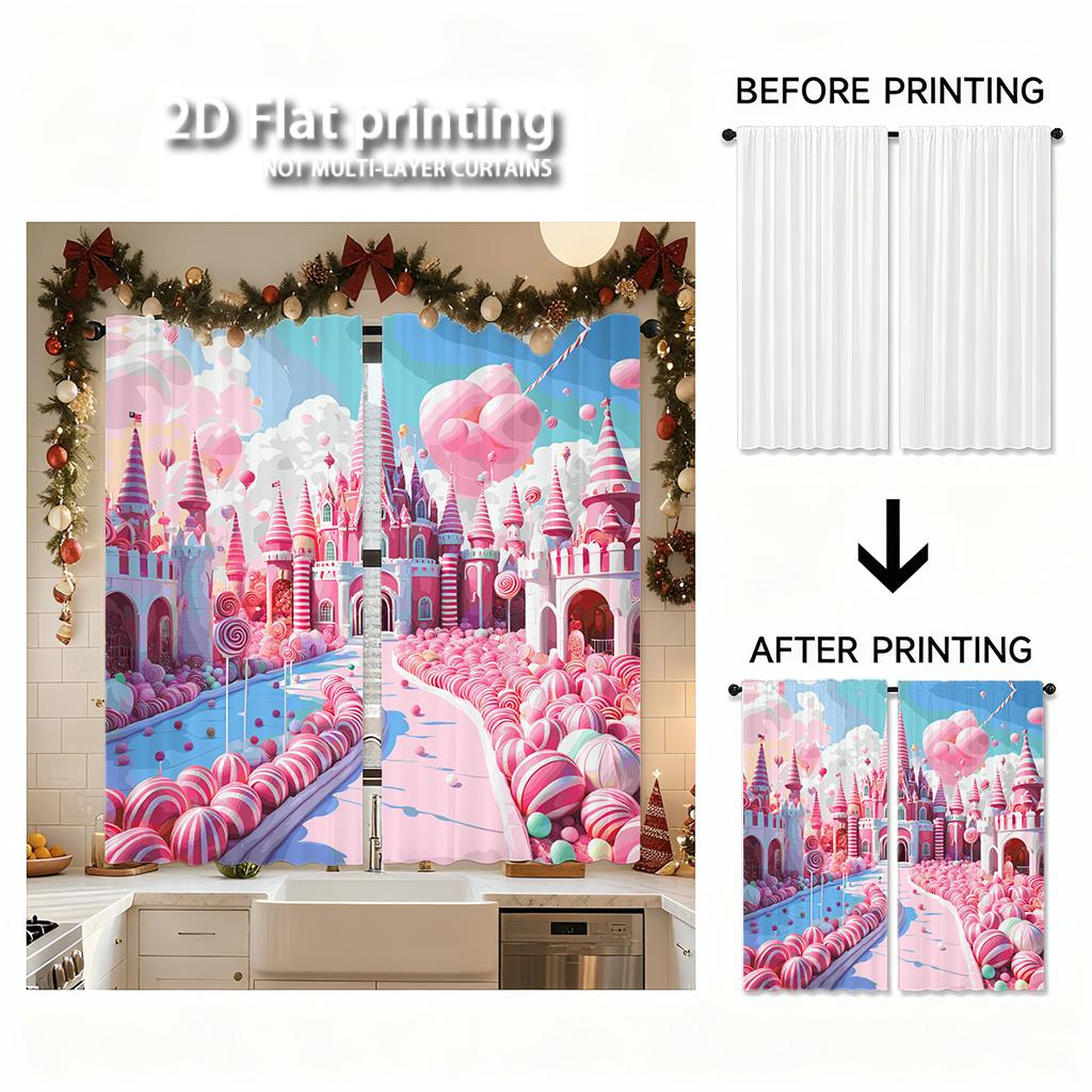 Piece Set High Definition Digital Printed Curtainspink Candy Castle Fantasy Colorful Cartoon Stylehome Decoration Style Curtains Made Of Polyester