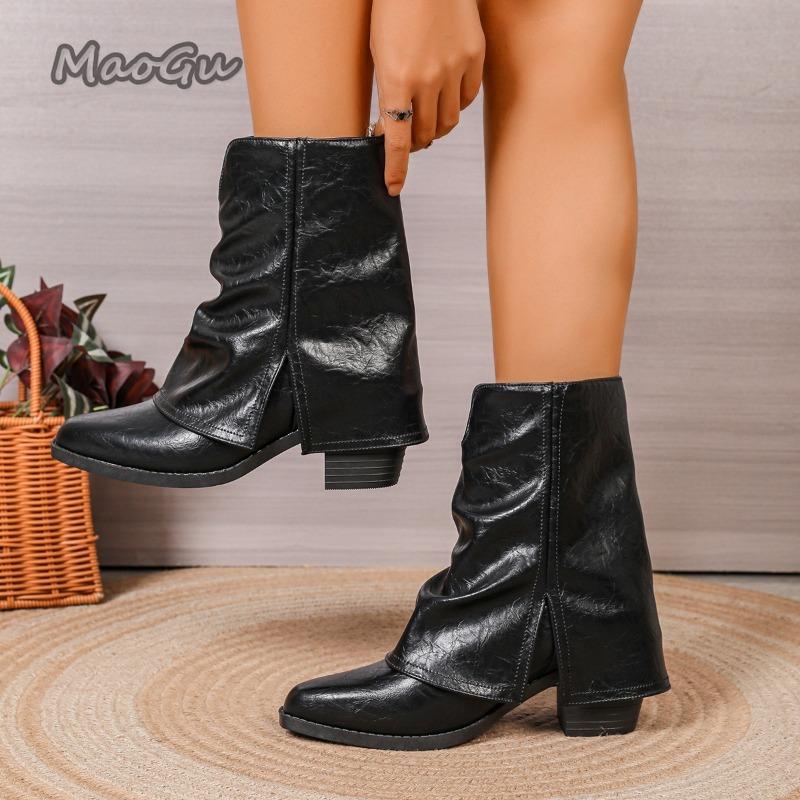 British Style Pointed Toe Trousers Boots for Women Stacked Mid-Calf High Boots Autumn 2025 Plus Size 36-43 Bottes Femmes Leather