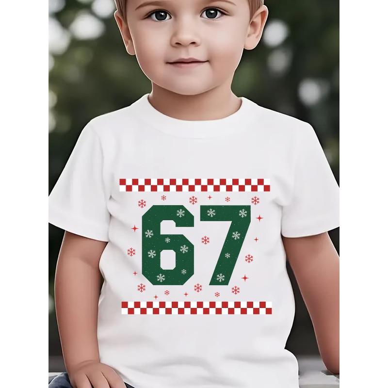 European sizes Summer Boys' Stylish Short-Sleeve T-Shirt for 'Christmas' Featuring a Red And White Checkered Pattern And Snowflake Cartoon Print