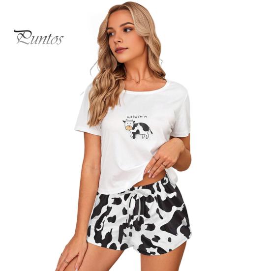 

Женский пижамный комплект из 2 шт./компл. с коротким рукавом и круглым вырезом, футболка с принтом коровы на шнуровке, эластичная резинка на талии, короткие штаны, домашняя одежда, топ, шорты, комплект, женский летний комплект S белый