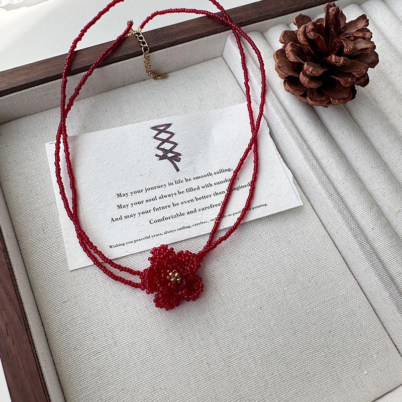 Long Double Layered Sweater Chain Chokers Cute Romantic Red Camellia Beads Strand Flower Pendant Necklaces For Women Burgundy