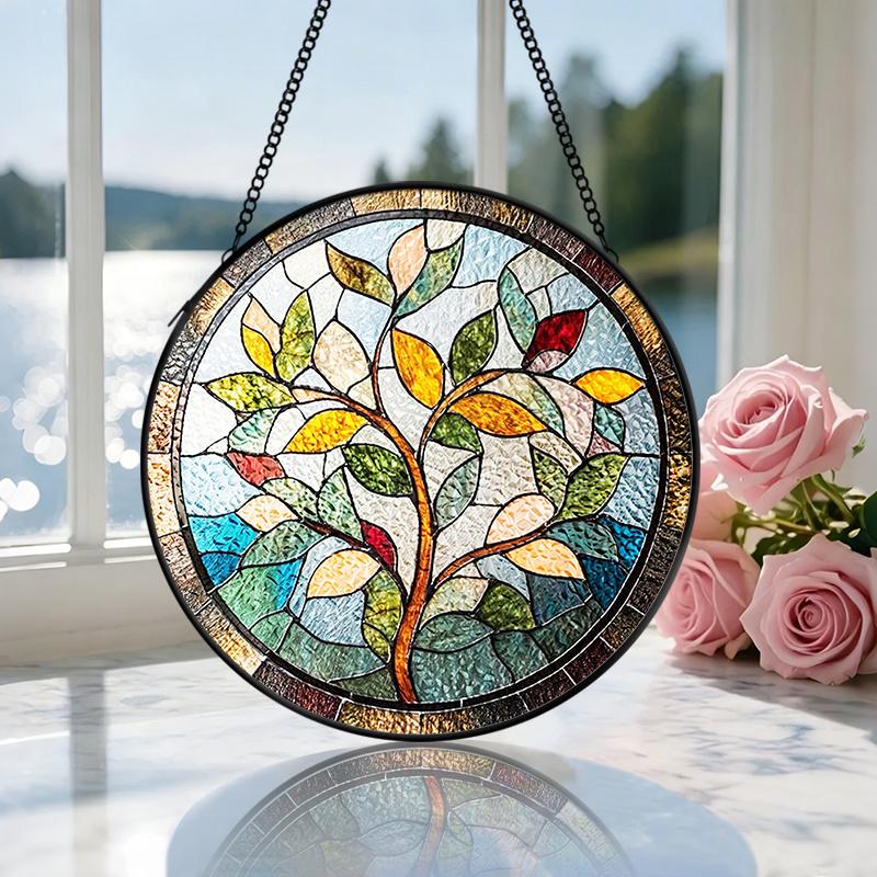 2D Flat Stained Glass Nature Branches and Leaves Window Decoration, 6.3/7.87inches Colored Glass Plate with Chain, Charming Spring Summer Sun Catcher