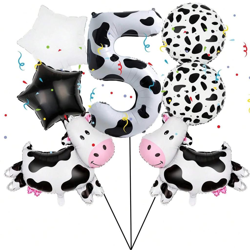 7pcs Cartoon Big Cow Balloon 40inch Black White Cow Number 0-9 Balloon Set Kid's Birthday Farm Animal Party Balloon Decoration