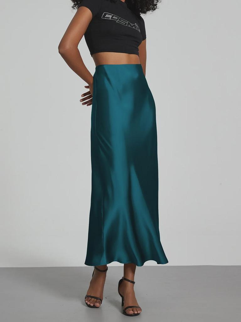 European & American Style Satin High-Waist Mid-Length Skirt - Glossy Solid Color