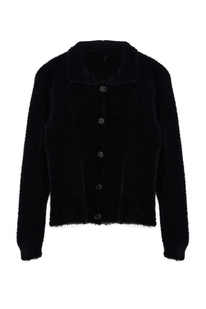Women's Fashion Stylish Cardigan Black Shaggy Polo Collar Knitwear Cardigan