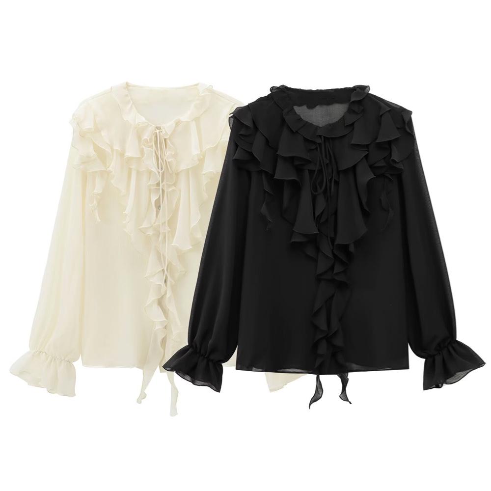 

2025 Spring Women s Layered Bow-Accent Shirt - Elegant & Versatile Small чёрный