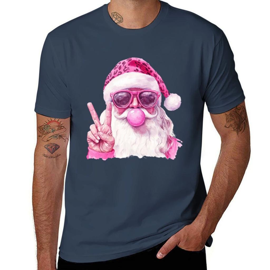 Retro Santa Peace Sign Leopard Hat Bubblegum Christmas Tshirt Casual Loose Fit Short Sleeve Tshirt