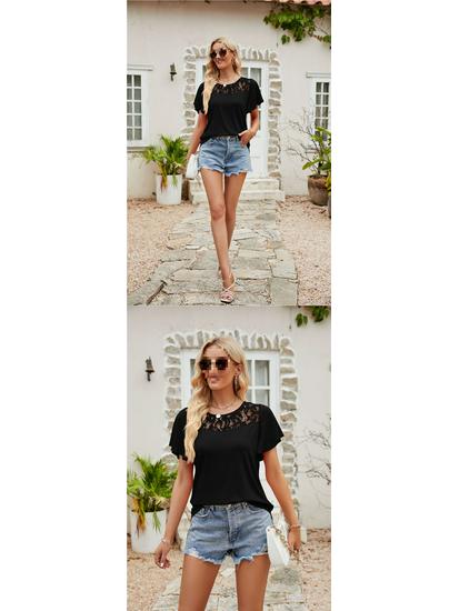 European and American Women's Solid Color Mesh Ruffle Short Sleeve T-shirt