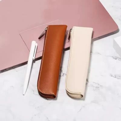 Leather Pencil Bag with Simple Zipper Fountain Pen Storage Pouch Portable Pen Sleeve Case for School Office Supplies