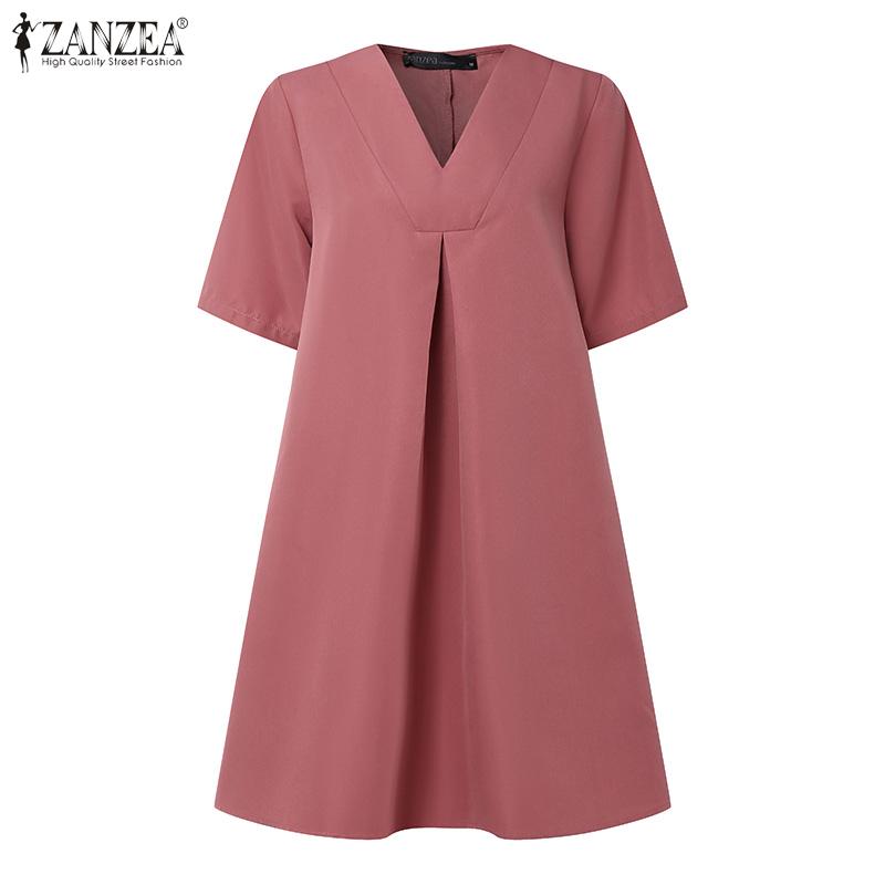 ZANZEA Womens Summer V-Neck Solid Color Casual Short Sleeve Dress
