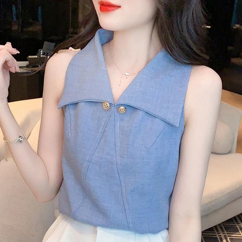 Women Off Shoulder Sleeveless Polo Collar Loose Casual Summer Shirt XXS синий
