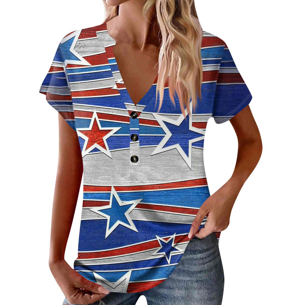 Women's New Button V Neck Fashion Print Short Sleeve Vintage Print T-Shirt Tops Casual Tops Loose T-Shirt Pullover Casual Loose Print Tops