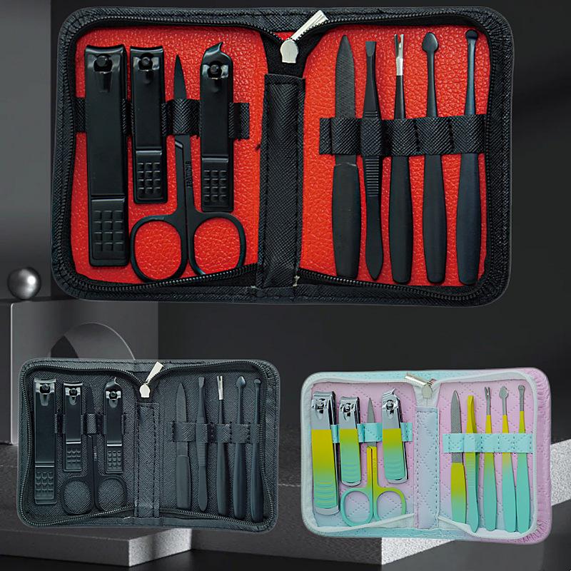 Stainless Steel 9-Piece Manicure & Pedicure Set with Tweezers and Nail Clippers In Black.