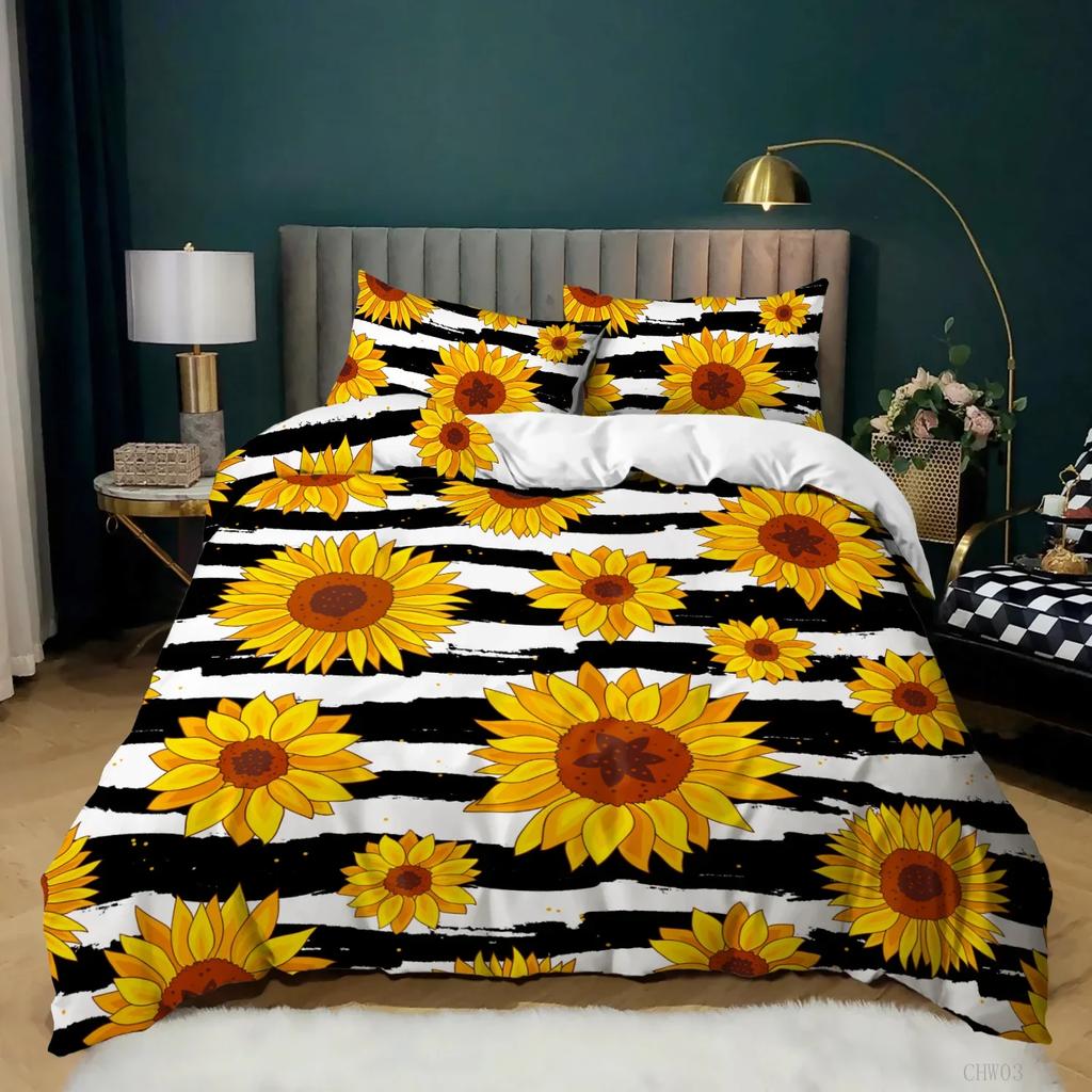 Sunflower Duvet Cover Set King Size 3D Sunflower Butterfly Nature Bedding Set Botanical Plants Novelty Polyester Comforter Cover