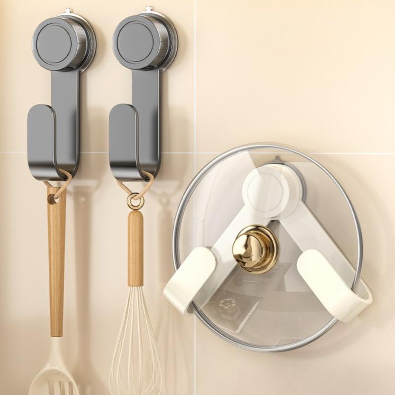 Rotating Suction Cup Kitchen Organizer - Drill-Free Wall-Mounted Pot Lid Rack with Hooks, Multi-Functional Holder for Cutting
