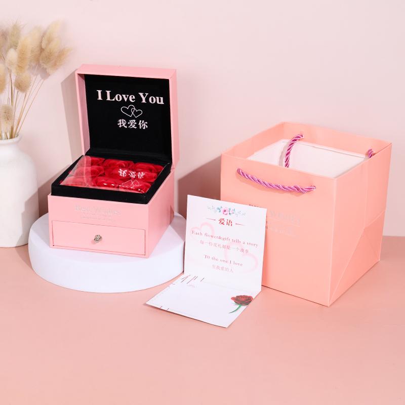 9 Rose Box with Jewelry Drawer Soap Flower Gift Box for Necklace Ring Packaging Women's Holiday Gift Preserved Rose Jewelry Case