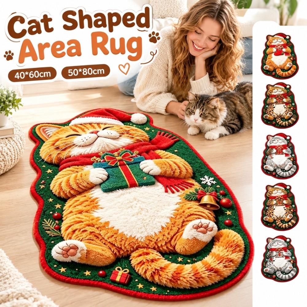 Christmas Theme Pattern Sleeping Cat Floor Mat Plush Cartoon Doormat Carpet for Living Room