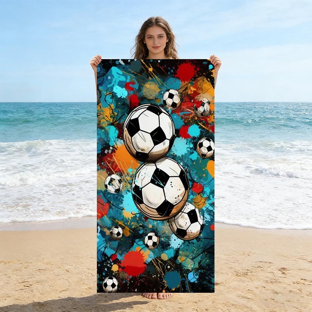 Graffiti Soccer Ball Beach Towel, Abstract Color Splash Football Print Microfiber Towel, Quick Dry Sports Bath Towel for Men Boy